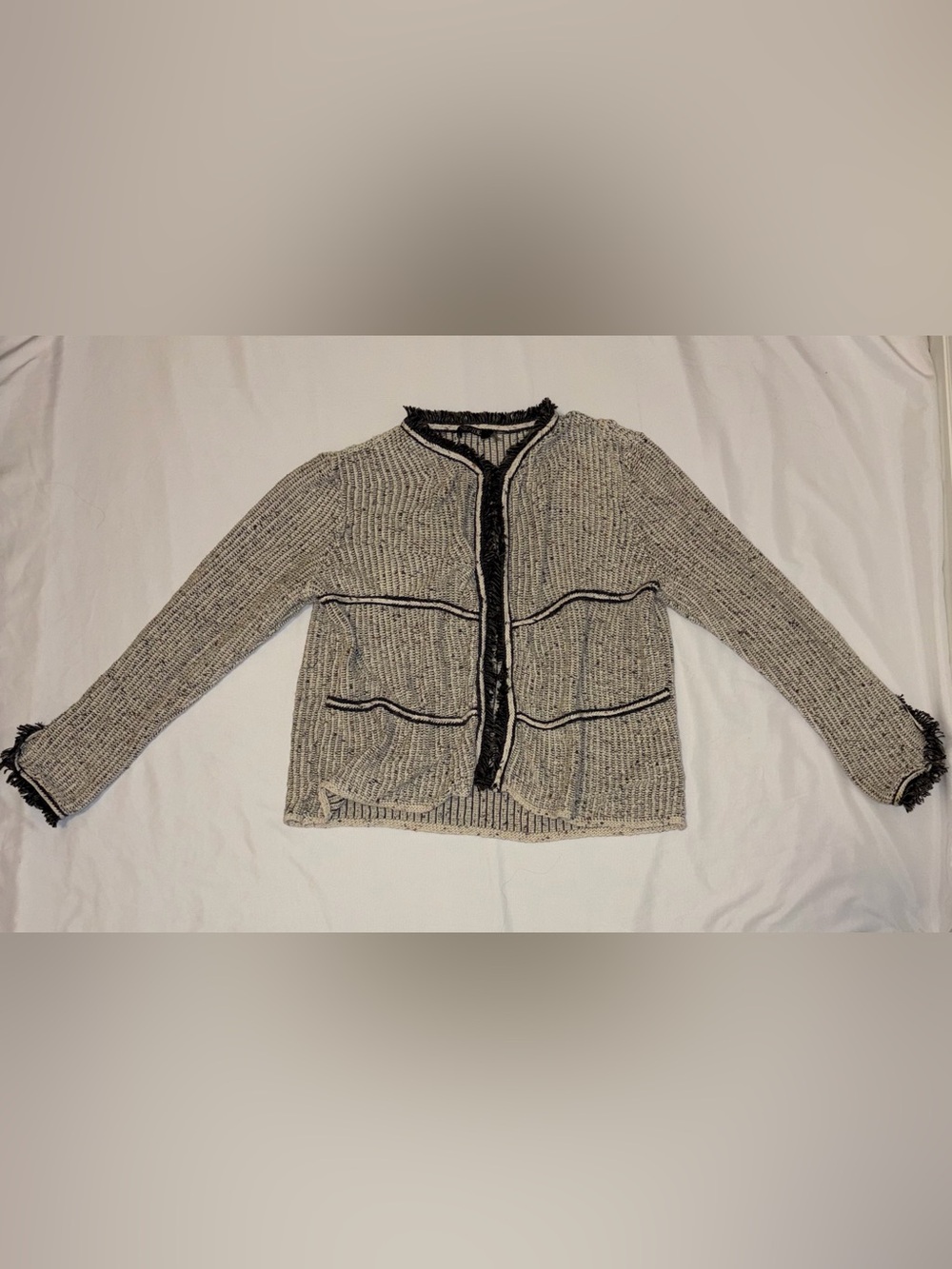 NIC+ZOE Cream Speckled Open-Knit Cardigan with Black Trim and Fringe Large